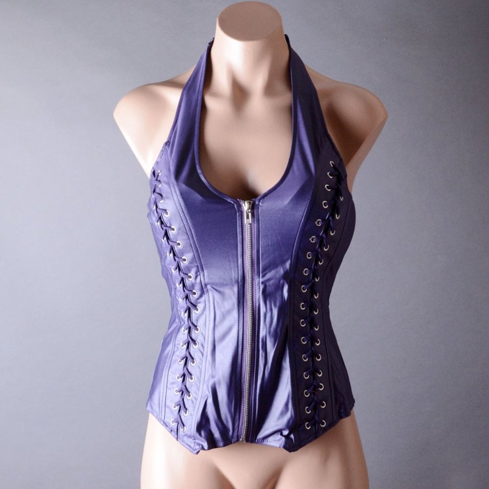 Purple Lace Up Elastic Halter Padded Bust Sexy Gothic Steampunk Corset Top Vest - Picture 1 of 6
